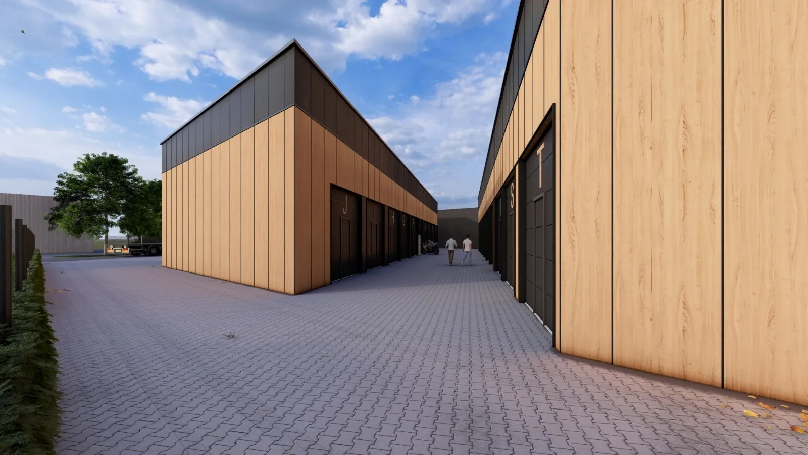 Doorkijk tussen de twee gebouwen met houten gevels