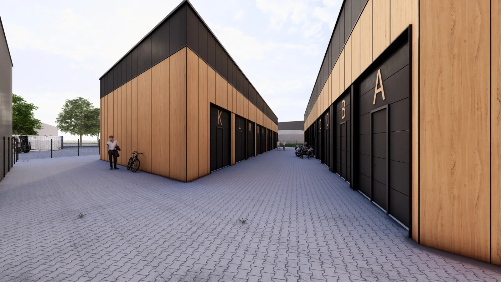 Straat tussen de twee gebouwen met genummerde overheaddeuren